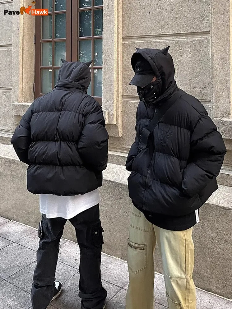 Cotton-Padded Hip Hop Parkas Men Devil Horns Winter Hooded Down Jacket Retro Y2K Thicken Puffer High Street Loose Bubbles Coats