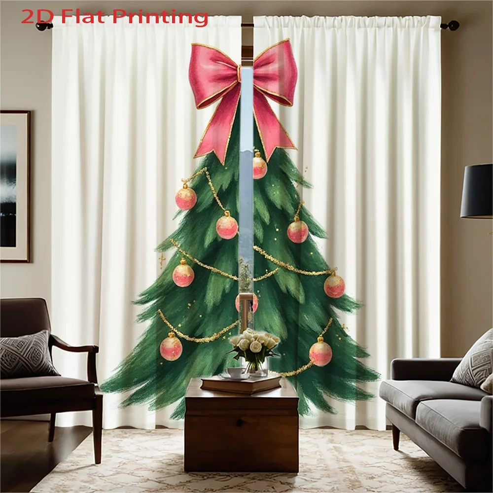 2pcs Festive Christmas Tree Print Curtains with Pink Bow & Golden Ornaments - Semi-Transparent Flannel, Rod Pocket Design for