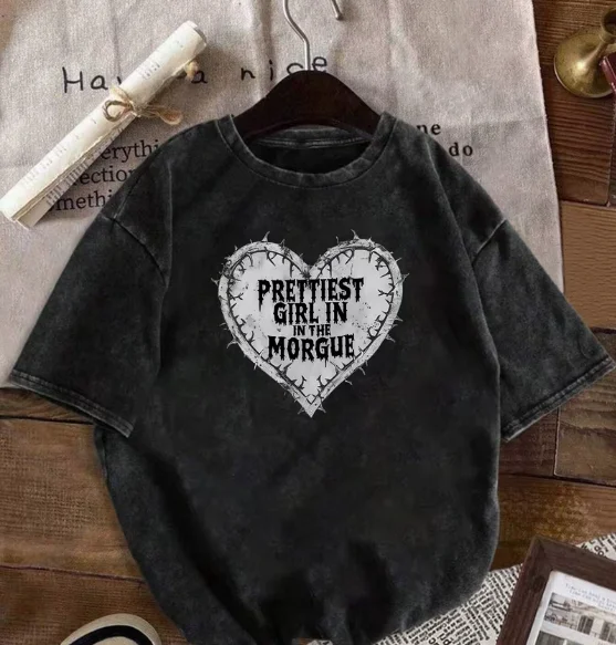 90'S BABE Digital Letter Print Summer Trend Off Shoulder Sleeves Retro Distressed Pure Cotton Washed Craft Round Neck T-shirts