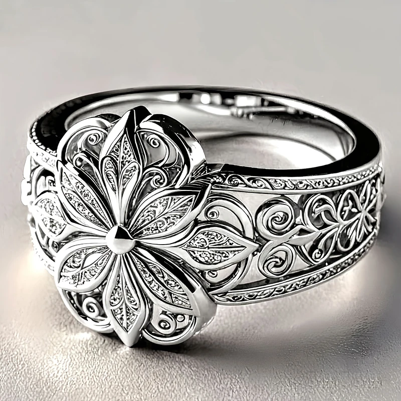 Huitan Wunderschöner Damenring, ästhetisches Blumen-Gravur-Design, trendiges Zubehör für Party, Hochzeit, bezaubernder, schicker Schmuck, Geschenk für Damen – Detail 5