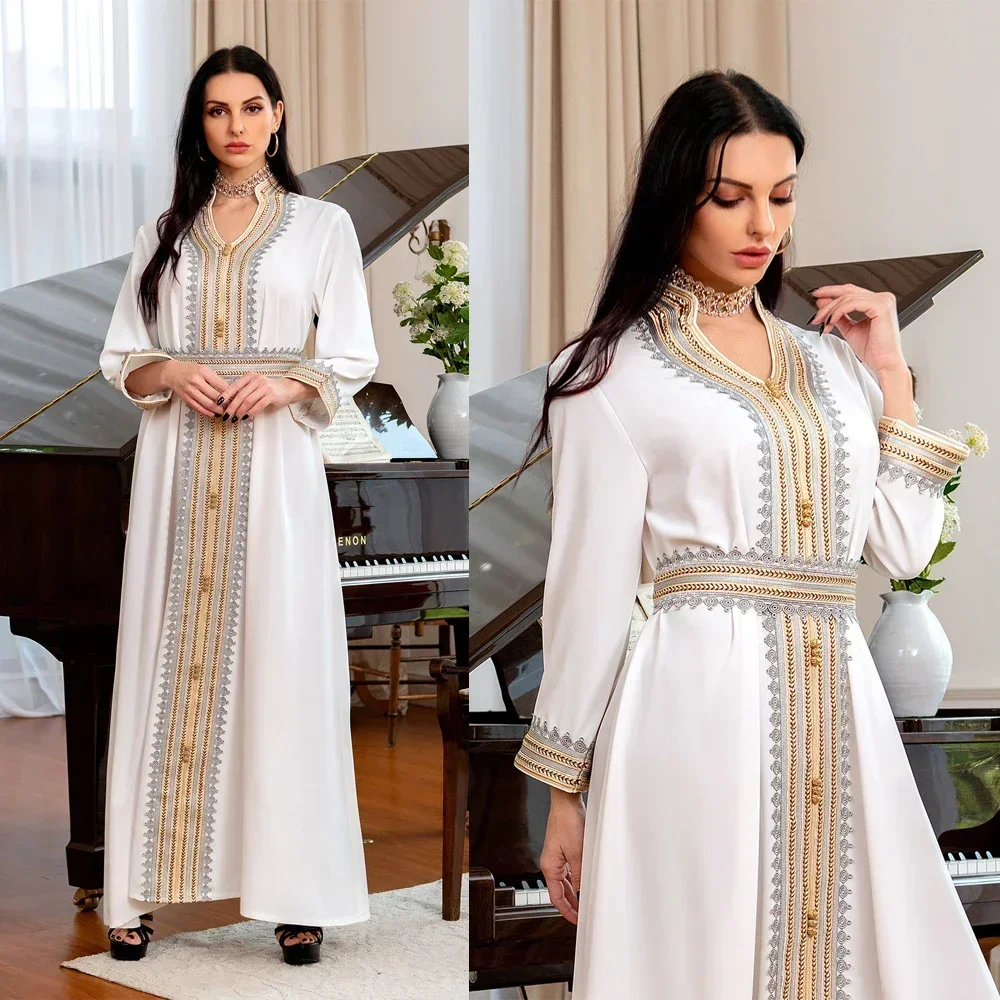 White Dress with Belt Women Muslim Eid Abaya Gold Lace Trim Party Gown Sleeveless Bottom Underskirt Saudi Arab Jalabiya Kaftan