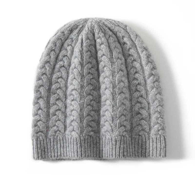 

High Quality 35% Cashmere Beanie Hats for Women Casual Knitted Solid Color Twisted Flower Outdoor Warm Cashmere Bonnet Cap