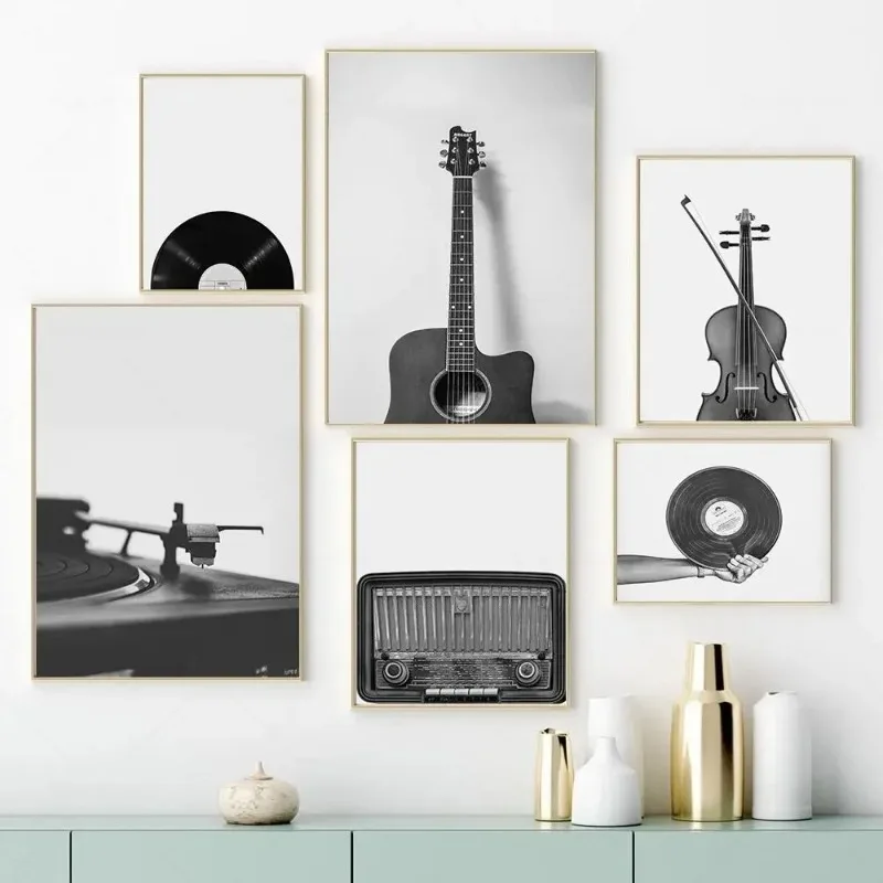 Black and White Music Prints Retro Vinyl Record Guitar Poster Wall Art Canvas Painting Nordic Picture for Living Room Home Decor