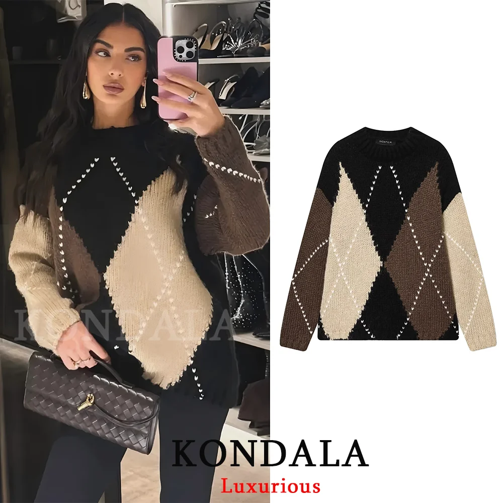 KONDALA Vintage Plaid tricot chandails femmes à manches longues col rond ample épais hauts mode 2025 automne hiver épais chaud chandails