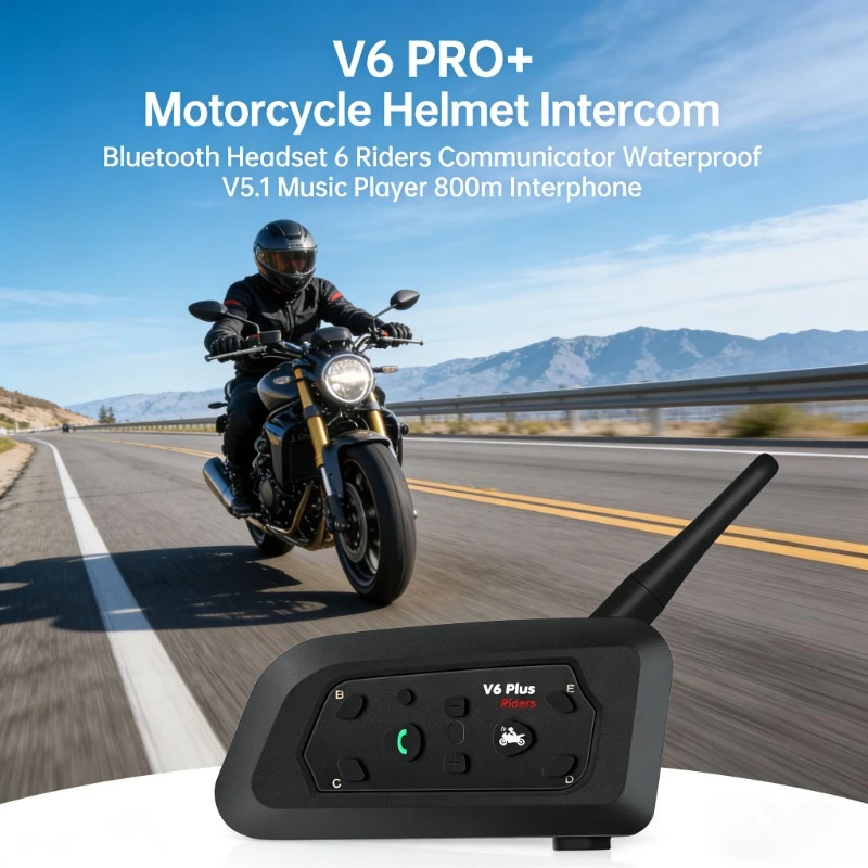 

V6 PRO+ 800m BT5.1 Motorcycle Helmet Headset 6 Riders Intercom Waterproof Music Player Wireless Interphone Communication