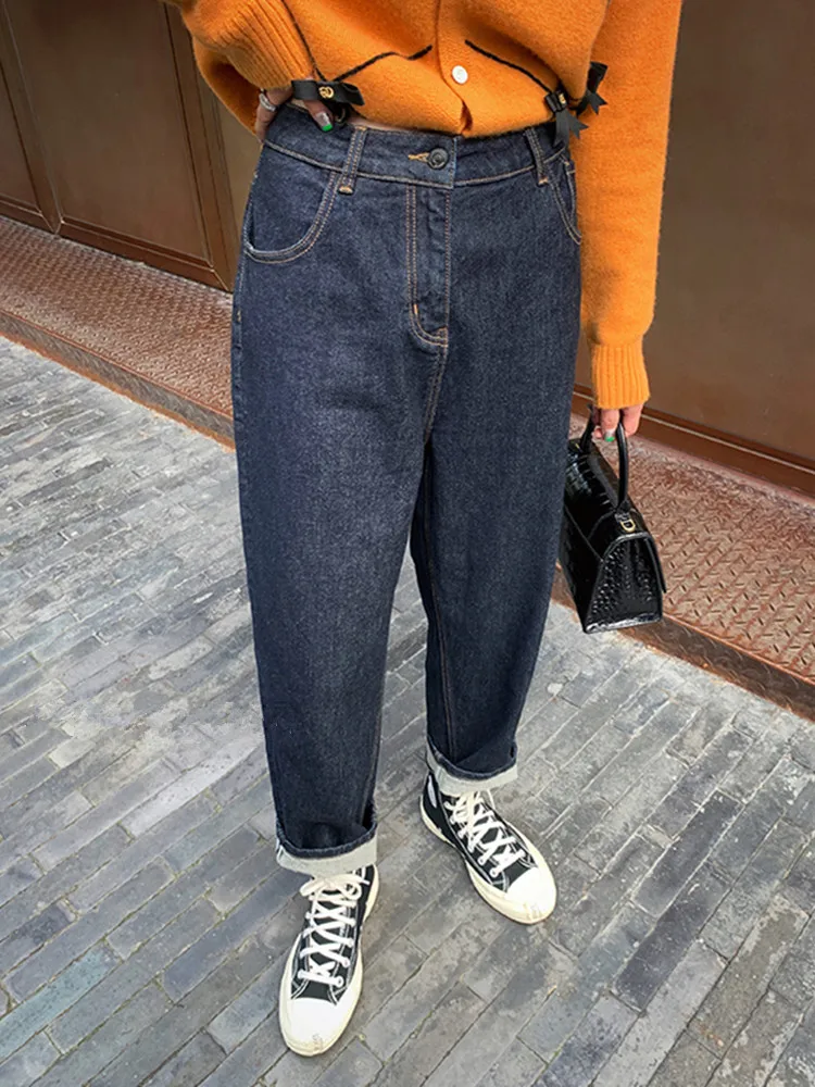 2023 Korean Y2K Fashion Dark Blue Cropped Haren Jeans Pants For Women Clothing Straight Casual Luxury Lady Trousers Ropa Mujer