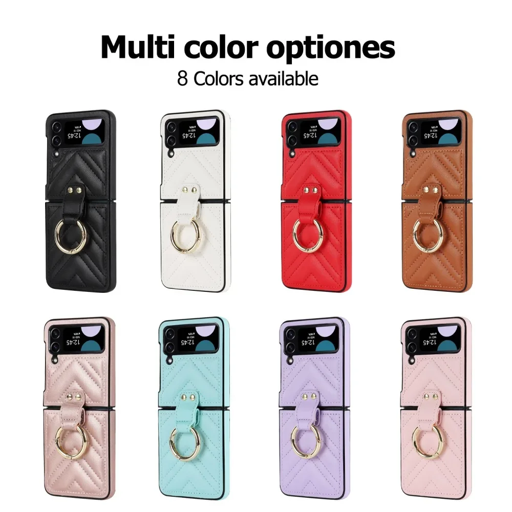 Solid Color Leather Flip Phone Case for Samsung Galaxy Z Flip6 & Z Flip 5 with Back Cover Ring Buckle