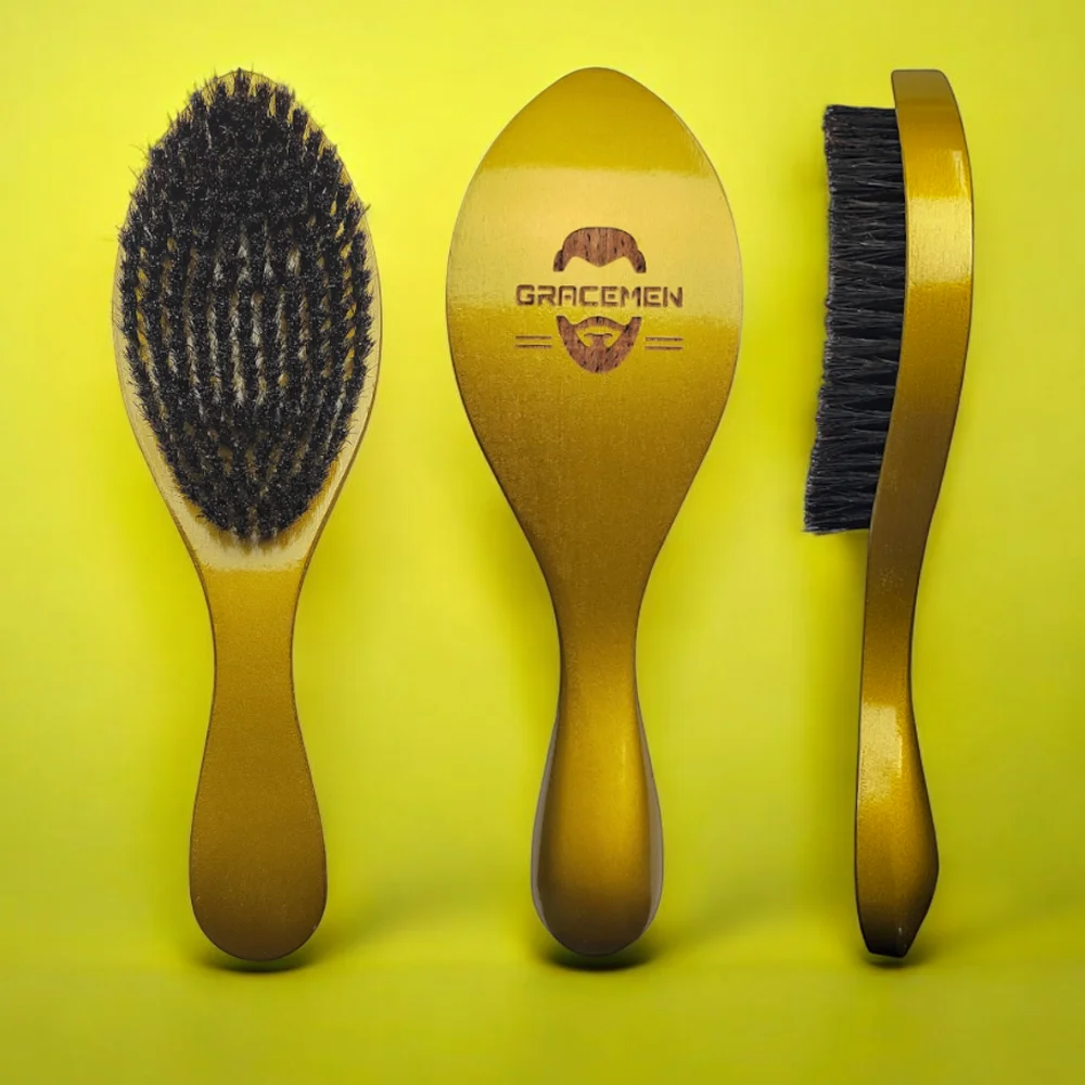 The Gracemen Men's 360° Wave Brush Curved  Beard Hair Brush Medium Soft 100% Boar Bristles Golden Brush for Gentlemen