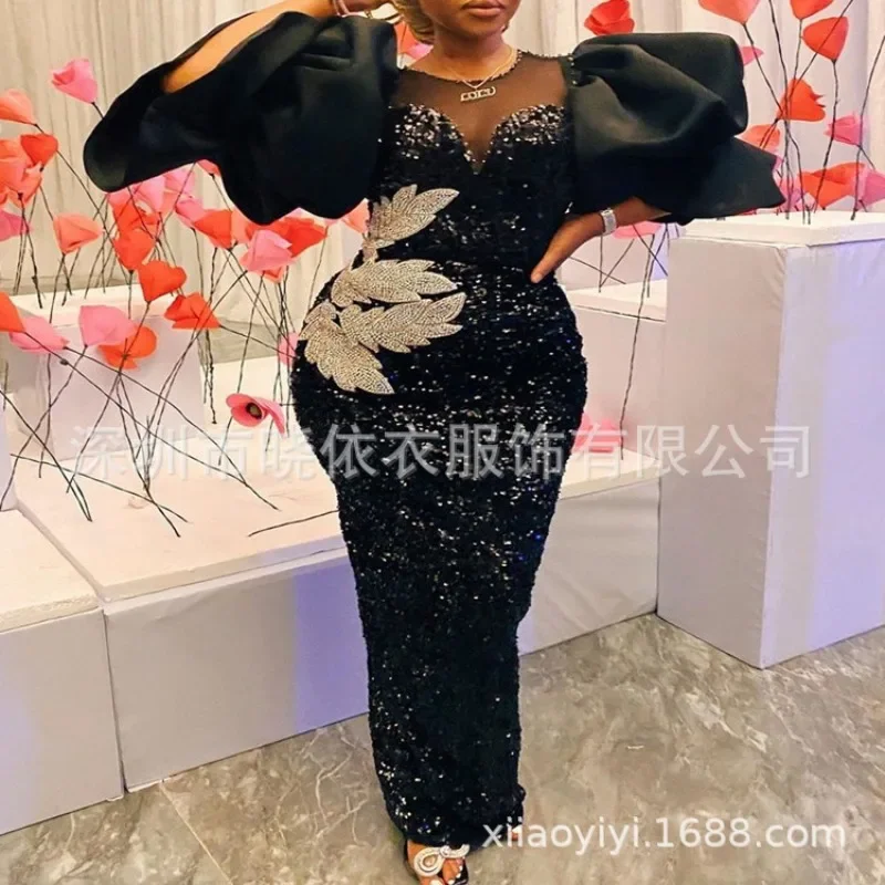 

Long Black Dresses Velvet Sequins Embroidered Chest Wrapped Puff Sleeve Dress Classy Ladies Spring Fall Party Celebrity Birthday