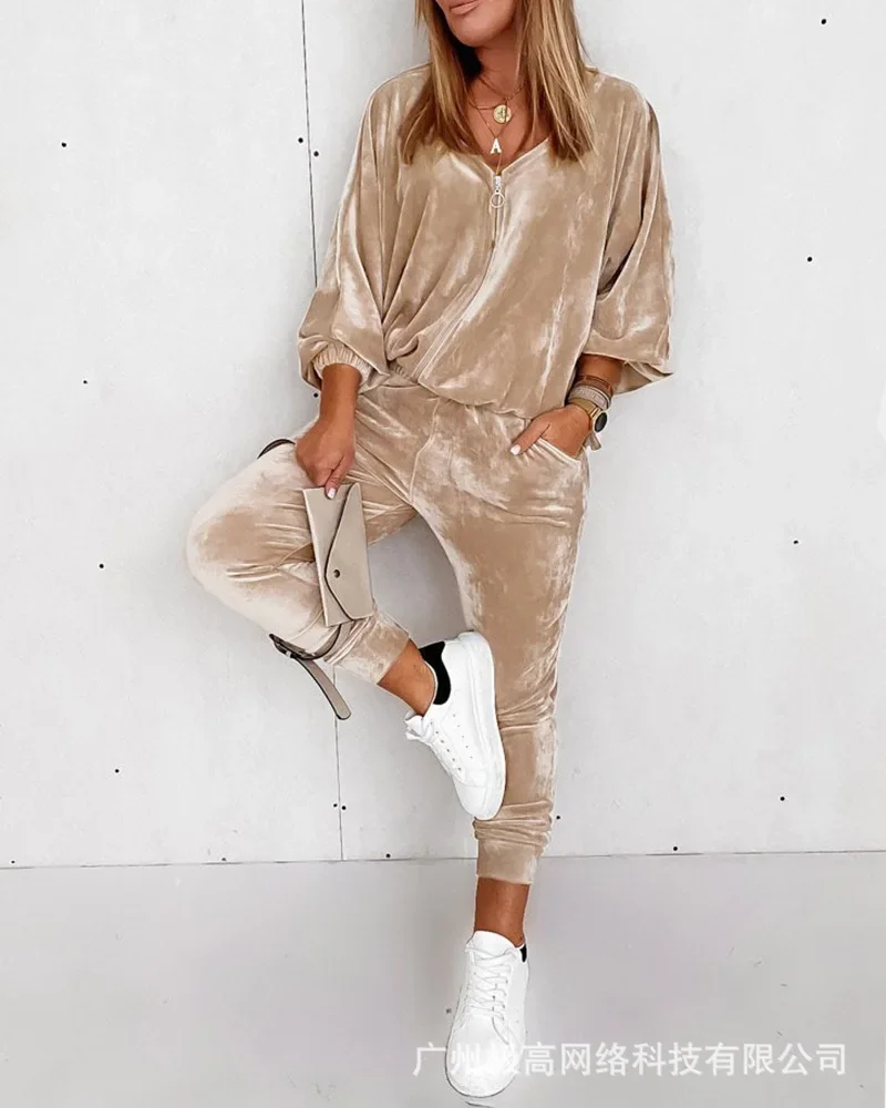 

Two Piece Set Women Outfit Autumn Fashion Velvet Lantern Sleeve V-Neck Zipper Top & Casual Plain Pocket Design Daily Pants Set
