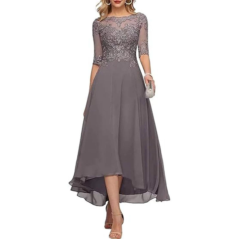 

Half Sleeve Chiffon Mother of the Bride Dresses Laces Appliques O-Neck Pleated Elegant Evening Party Dress Cocktail Dress