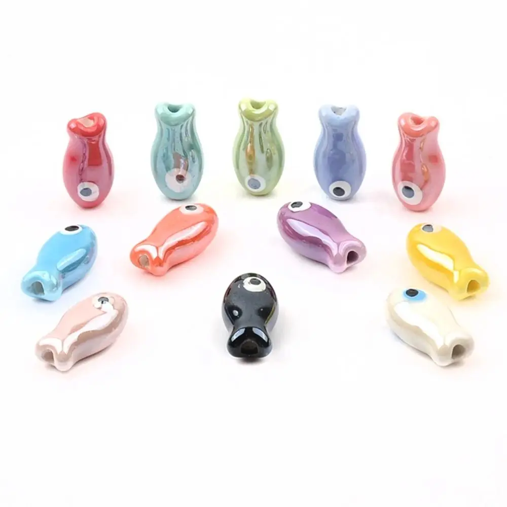 10Pcs Handmade Craft Small Fish Beads Ceramic Cartoon Design Ceramic Spacer Loose Beads 3D Necklace Earrings
