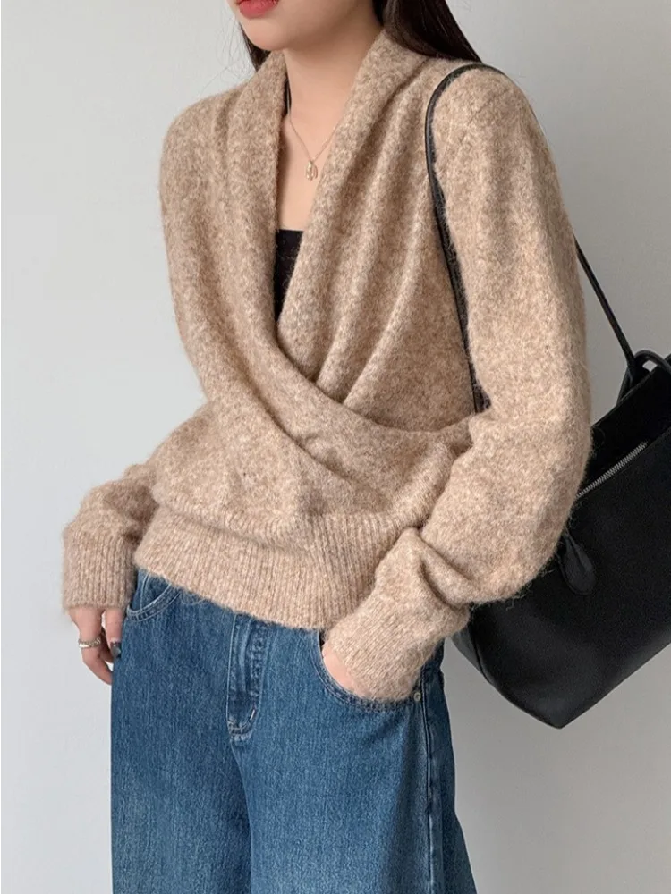 LIinar Fall New Women's Knit Sweater Korean-Style Crossed V-Neck Long-Sleeved Loose-Fitting Casual Flattering Pullover Sweater