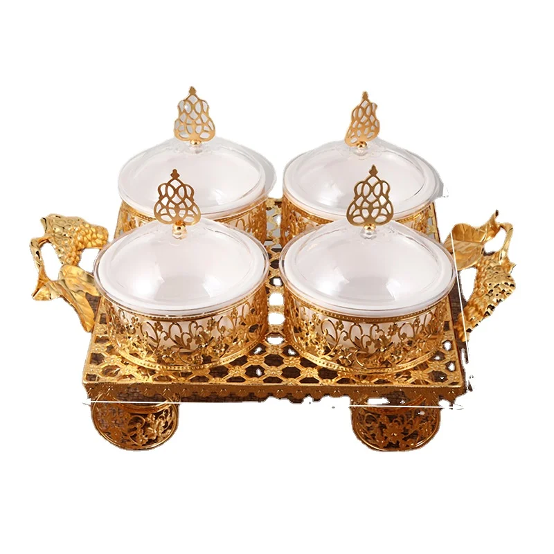 Gold Plated Fruit Tray Candy Dried Fruit Box with Lid Metal Openwork Craft Ornaments Creative Fruit Dessert Bowl Home Decoration