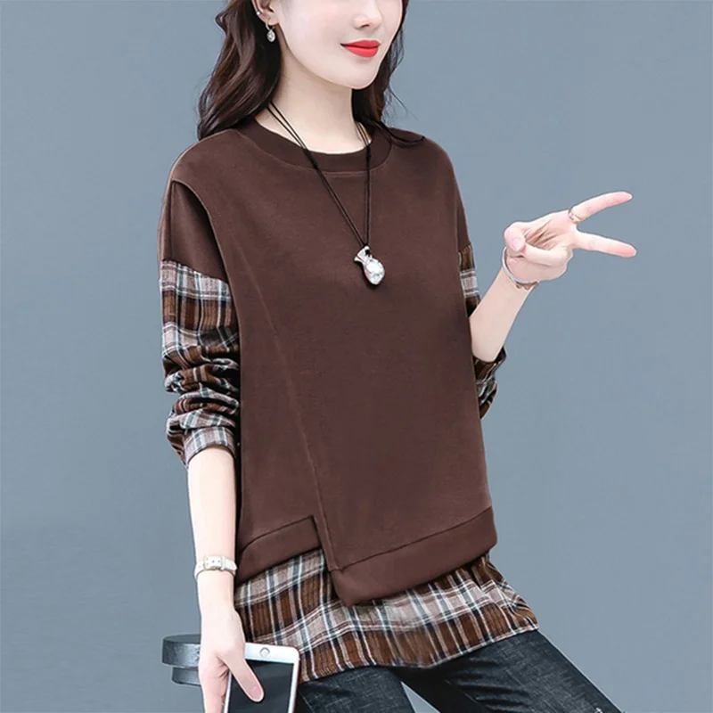 Fake Two-piece Pullover Sweatshirt Women in Spring and Autumn New Korean Style Plaid Casual Loose Base Shirt Women