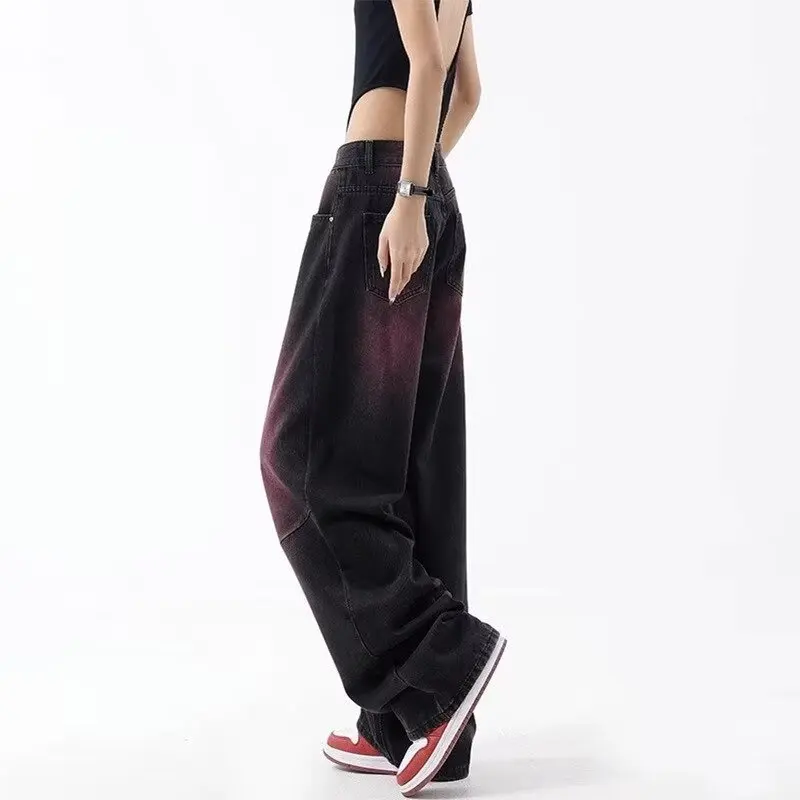 Red Vintage Harajuku Jeans Women Cyber Wide Leg Hippie Denim Pants High Waist Streetwear Trousers Casual Kpop Baggy Full Length