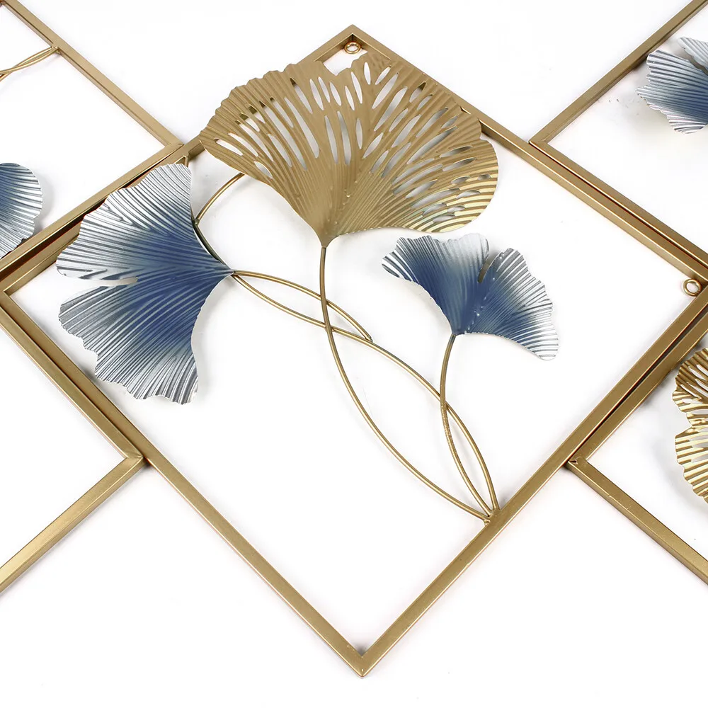 3Pcs 164 x 70.5 cm Metal Wall Art Hanging Sculpture Decor 3D Ginkgo Gold & Blue
