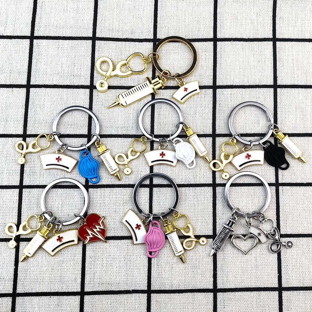

Fashion Medical Tool Doctor Keychain Heartbeat Stethoscope Syringe Nurse Cap Key Ring Gifts Handmade Jewelry Bag Ornaments Charm