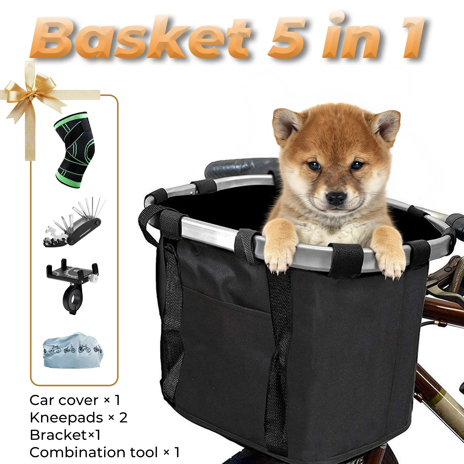 

5-piece set of essential Ebike riding accessories, including mobile phone holder, front basket, multi-function repair tool, knee
