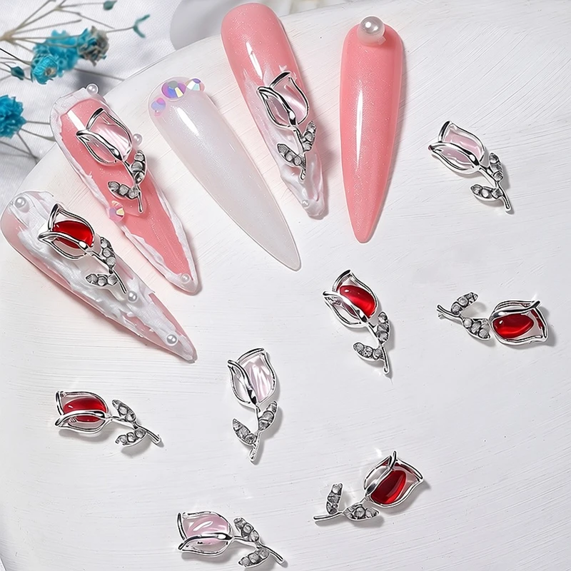 10PCS 3D Luxury Alloy Tulip Nail Art Rhinestone Flower Charm Parts For DIY Nails Decoration Manicure Decor Material Supplies