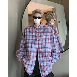 Men Shirt Plaid Tie-dye Long Sleeve Mens Casual Loose Shirt Autumn High Quality Oversized Male Checked Shirt Red/Blue/Gray