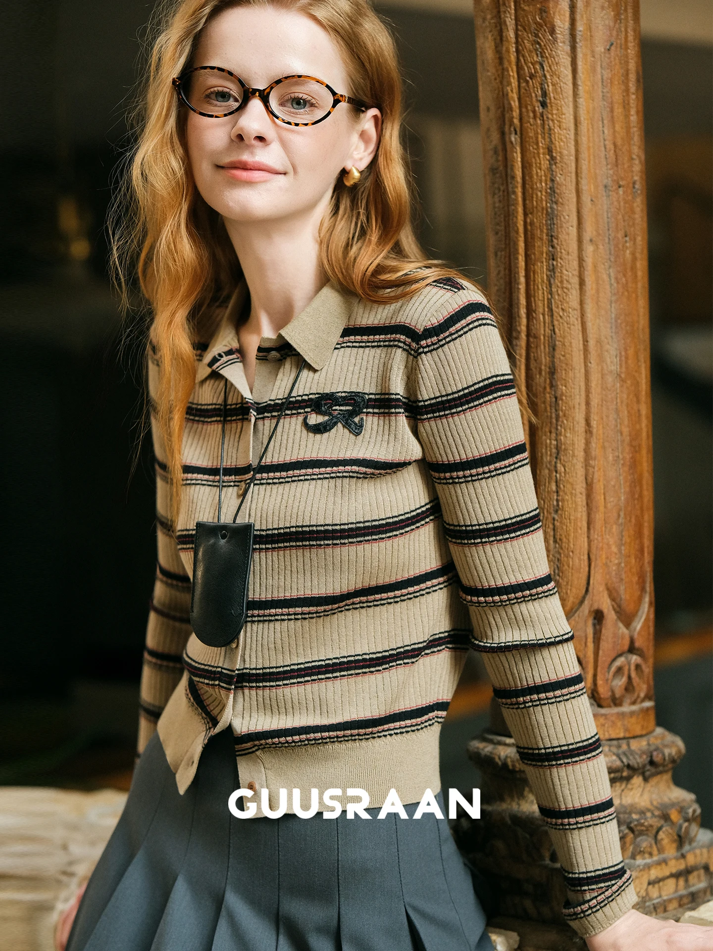 

Ретро-кардиган в полоску для женщин: простой вязаный топ с отложным воротником, длинными рукавами, модный и универсальный, для осени