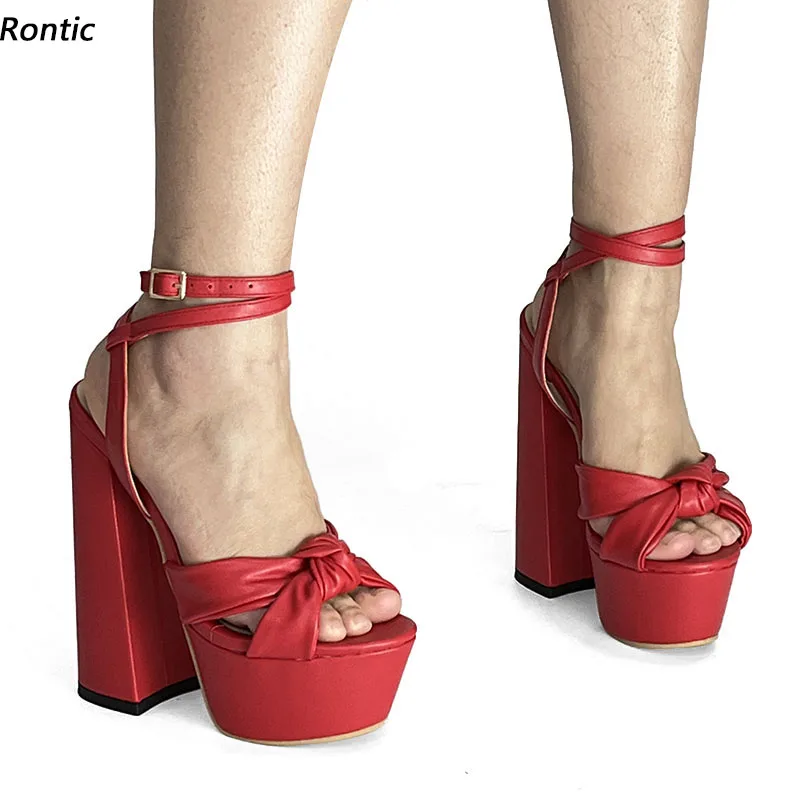 

Rontic New Handmade Women Sandals Ankle Strap Chunky Heels Open Toe Gorgeous Red Fuchsia Night Club Shoes Ladies US Size 5-15
