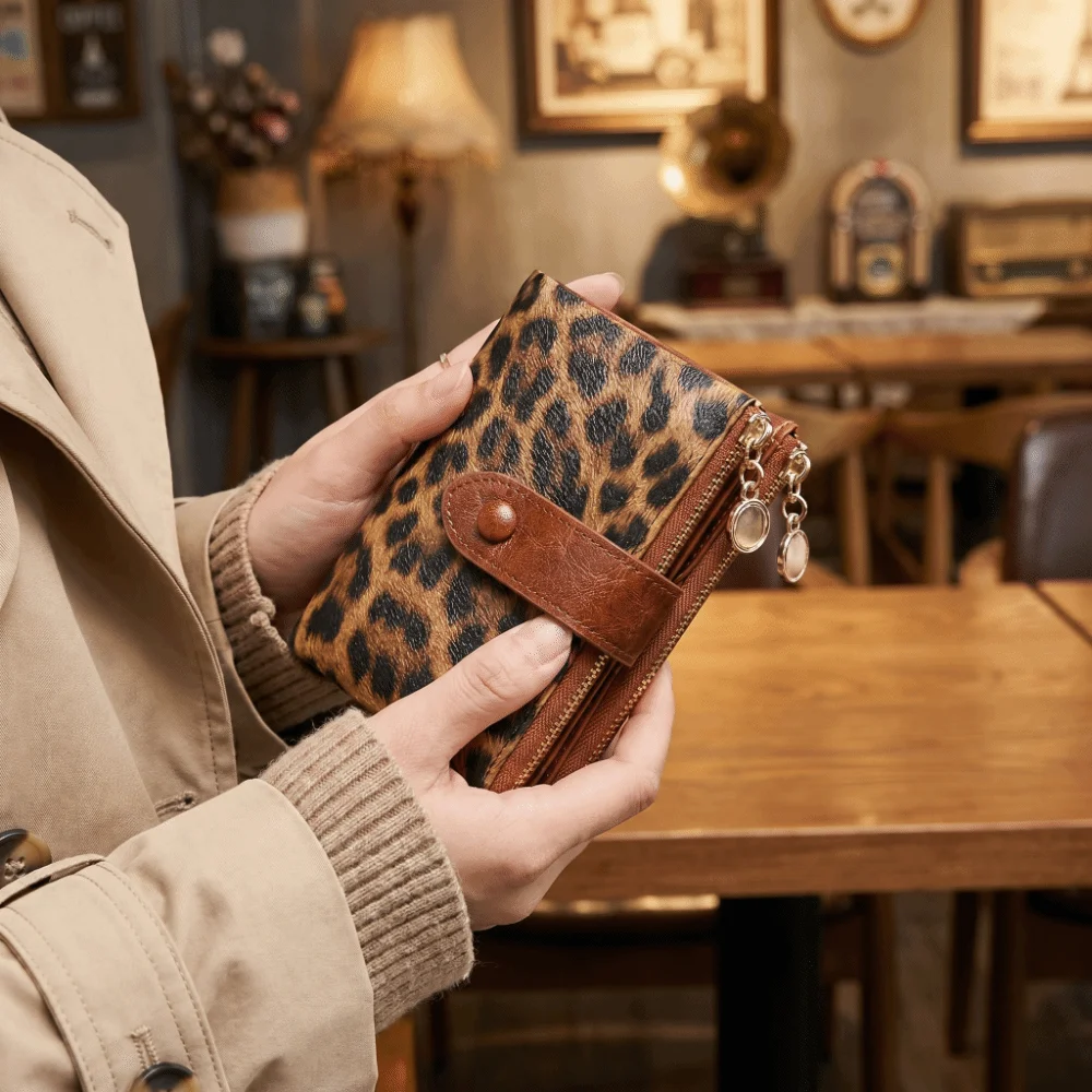Leopard Print PU Leather Short Wallet Polyester Lining Double Zipper Trifold Wallet Multi Card Slots Large Capacity Card Holder