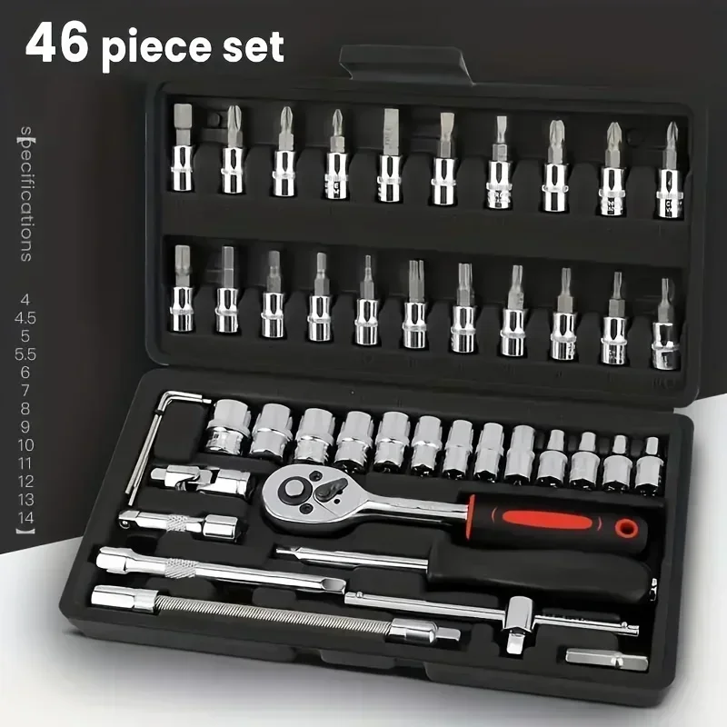 46 Pieces 1/4 Inch Drive Socket Ratchet Wrench Set, With Bit Socket Set, Metric And Extension Bar For Auto Motorcycle Repairing