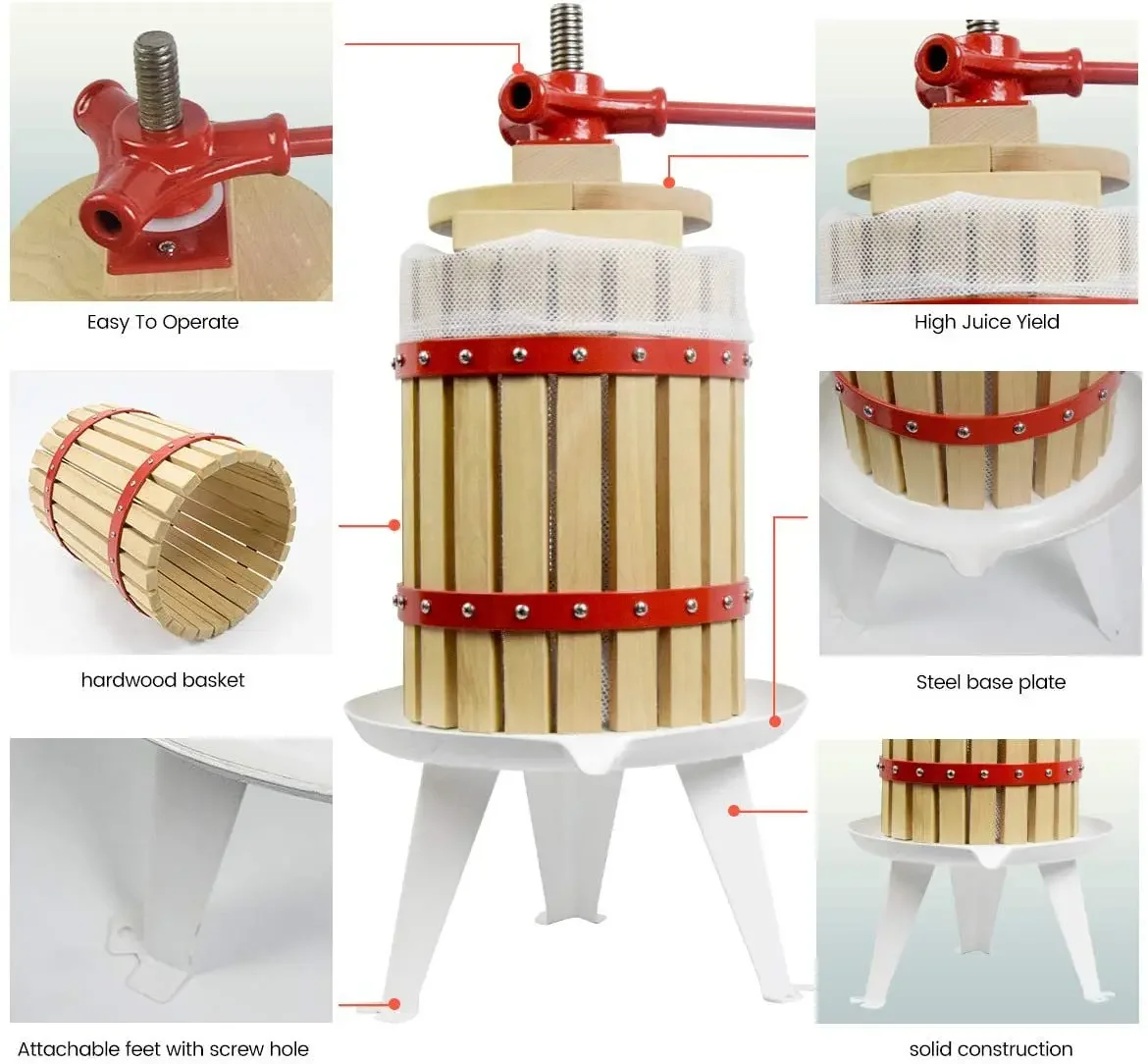 6 liter 1.6 gallon manual basket apple press, fruit wine grape press