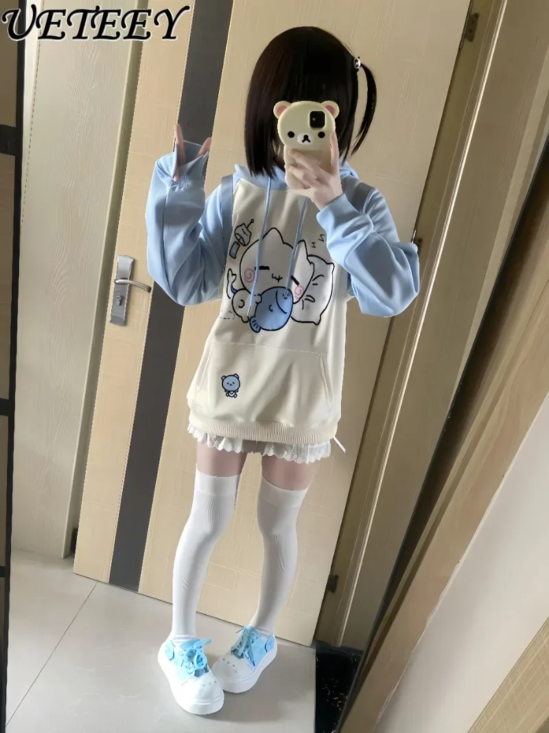 Sweats à capuche en pur coton avec impression de dessin animé mignon pour filles, sweat-shirt épissé original, pull à manches longues, doux, polyvalent, printemps, automne