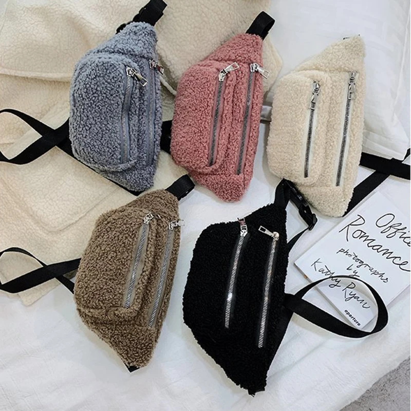 Plush Women\'s Waist Bag Solid Color Belt Bags Shoulder Crossbody Chest Bag Brand Designer Female Fanny Pack Banana Hip Purse