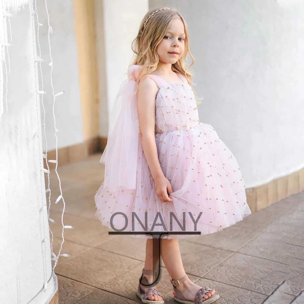 

JONANY Cute Pearls Flower Girl Dress Tank Square Collar Custom Made Birthday Pageant Communion Robe De Demoiselle Wedding Party