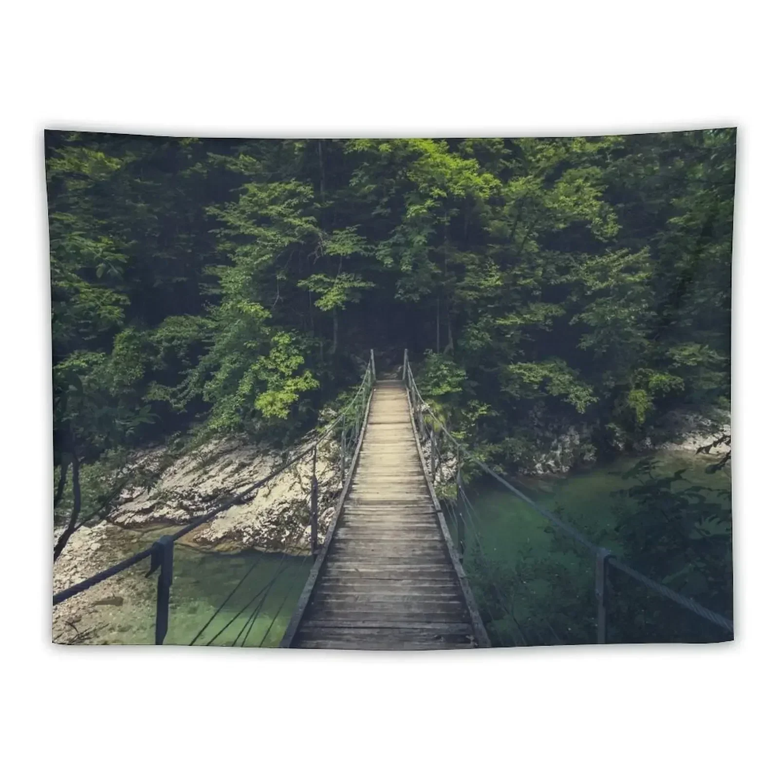 

Simple suspension bridge over river Idrijca, Slovenia Tapestry House Decorations Decoration Aesthetic Tapestry