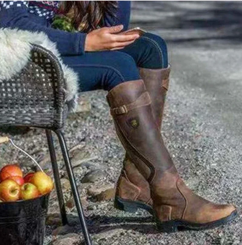 Women Boots 2024 Fashion Vintage Casual Solid Color Women's Boots PU Retro Faux Leather Knee Length Midi Boots Female Shoes