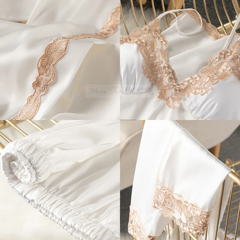 Lace Patchwork 5PCS Sleepwear Nightgown Kimono Bathrobe Gown Satin Lady Nighty&Robe Suit Sexy Home Clothes White Wedding Robe