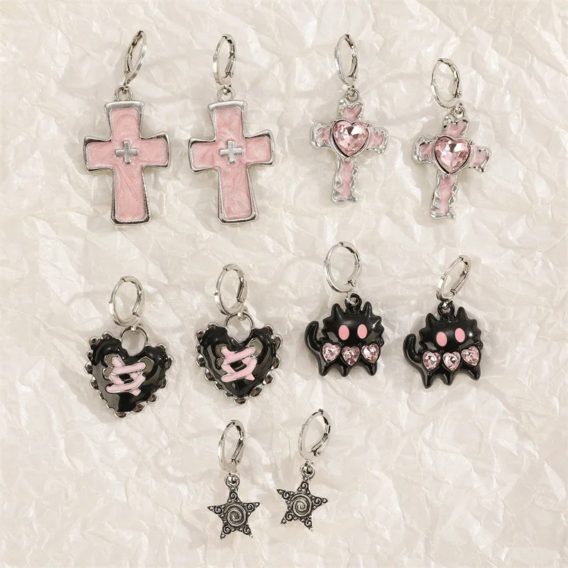 Goth Vintage Cute Bowknot Pink Strawberry Heart Star Pendant Earrings Egirl Gothic 2000s Y2K EMO Rave Jewelry Scene Accessories