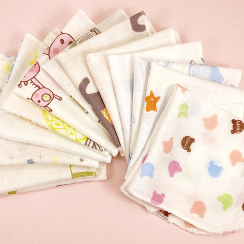 10 pçs 20x20cm conjunto panos banho do bebê bonito desenhos animados impressão dupla camada gaze infantil toalha rosto