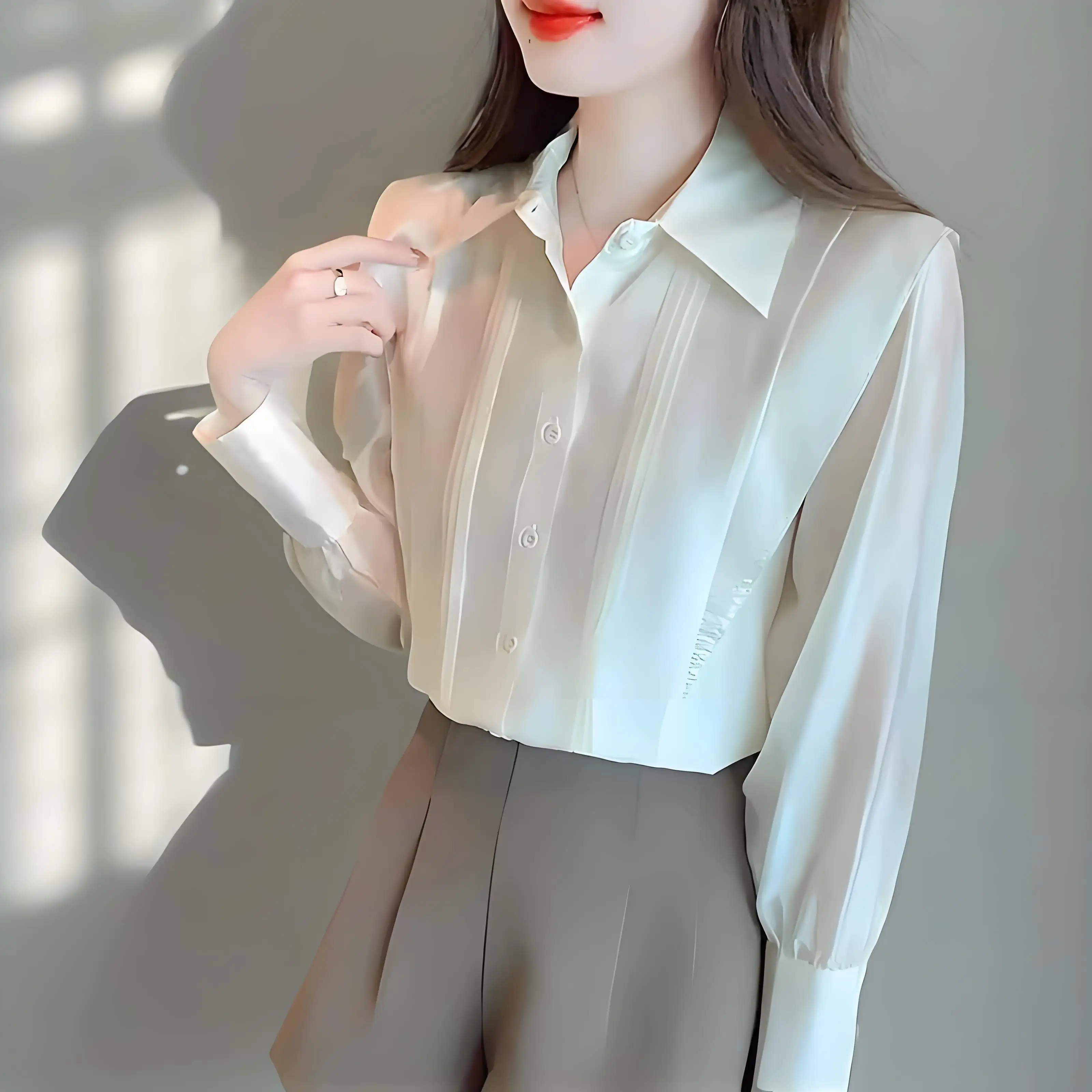 

Women's Solid Color Shirts Chic Folds Fashion Ladies Blouses Casual Female Tops Blusas Mujer Elegant Clothing