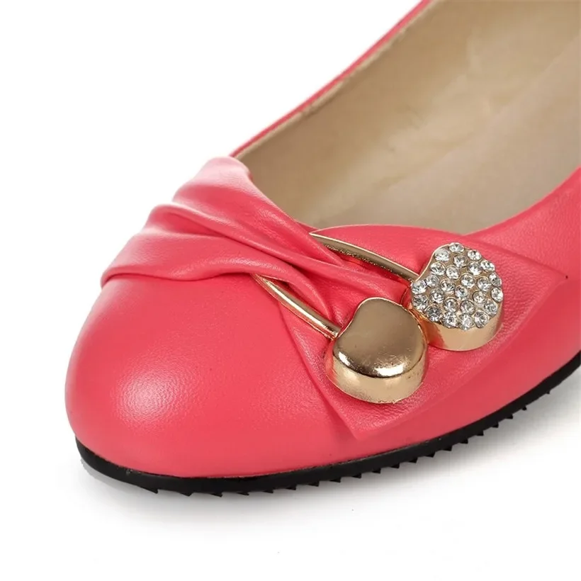 Plus Size Sweet Women Flats Red Black PU Round Toe Rhinestone Bowknot White Crystal Cherry Lolita Ballet Boat Slip-on Lady Shoes