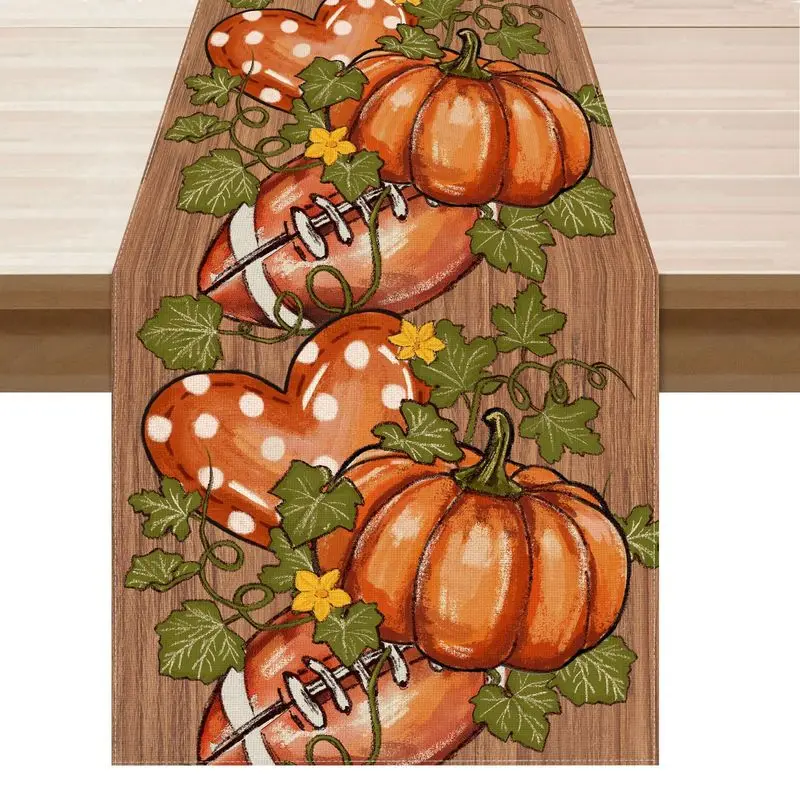 VIKAMA Fall Table Runner Pumpkin Football Heart Leaf Print Table Decor For Thanksgiving Harvest Holiday Dining Party Decor
