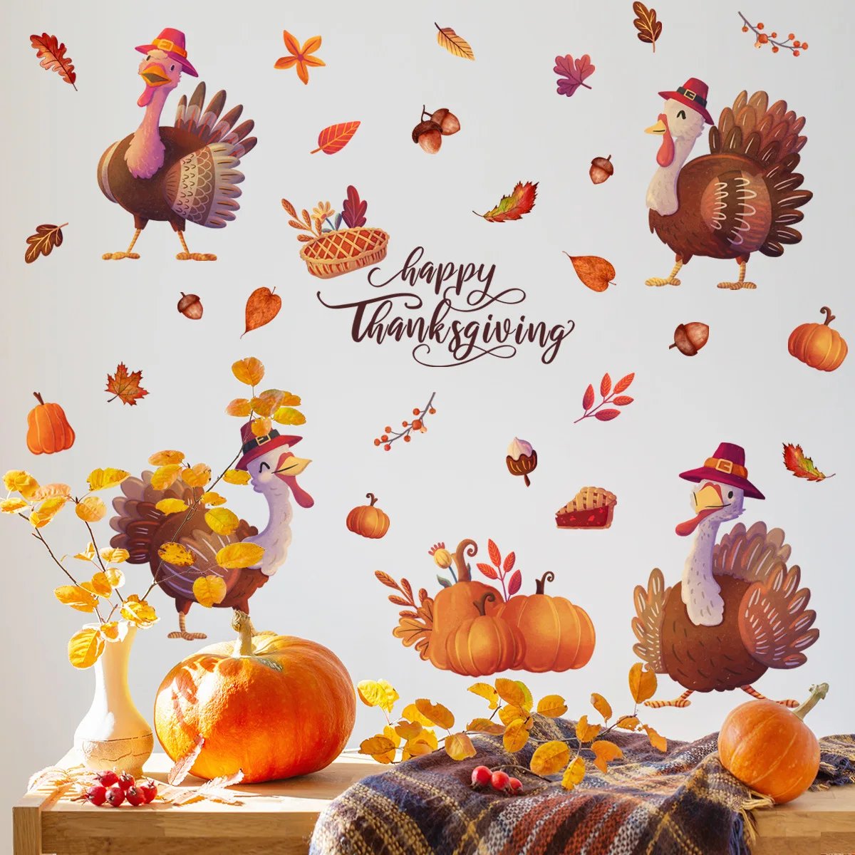 

30*90cm Thanksgiving Cartoon Turkey Maple Leaf English Thankgiving Wall Stickers Living Room Decorative Wall Sticker Ms4336