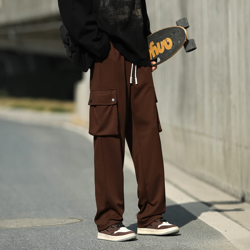 Cargo Pants Man's High Waist Drawstring Fashion Workwear Casual Trousers Trend Slim High Street Straight Ninth Pants Streetwear