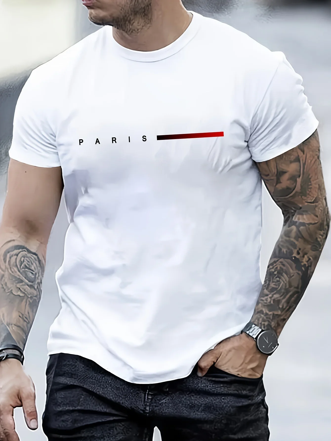Men's Fashionable and Versatile Summer Loose Paris Creative Letter Printed Casual Slim Fit Round Neck Short Sleeved T-shirt Top image 2