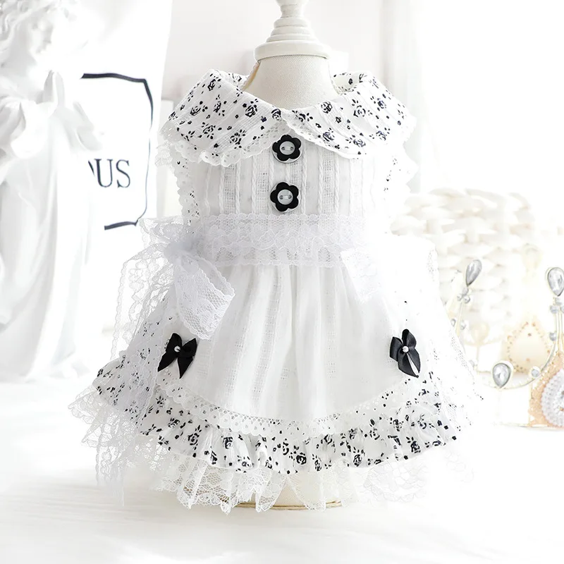 Dog Clothes Spring Summer Thin Cat Princess Dress Black Floral Lolita Small Dog Teddy Pet