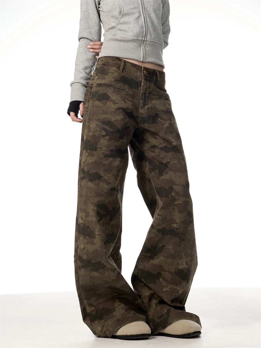 

Ретро американские камуфляжные повседневные брюки, женские весенне-осенние прямые брюки с широкими штанинами, дизайнерская рабочая одежда, брюки