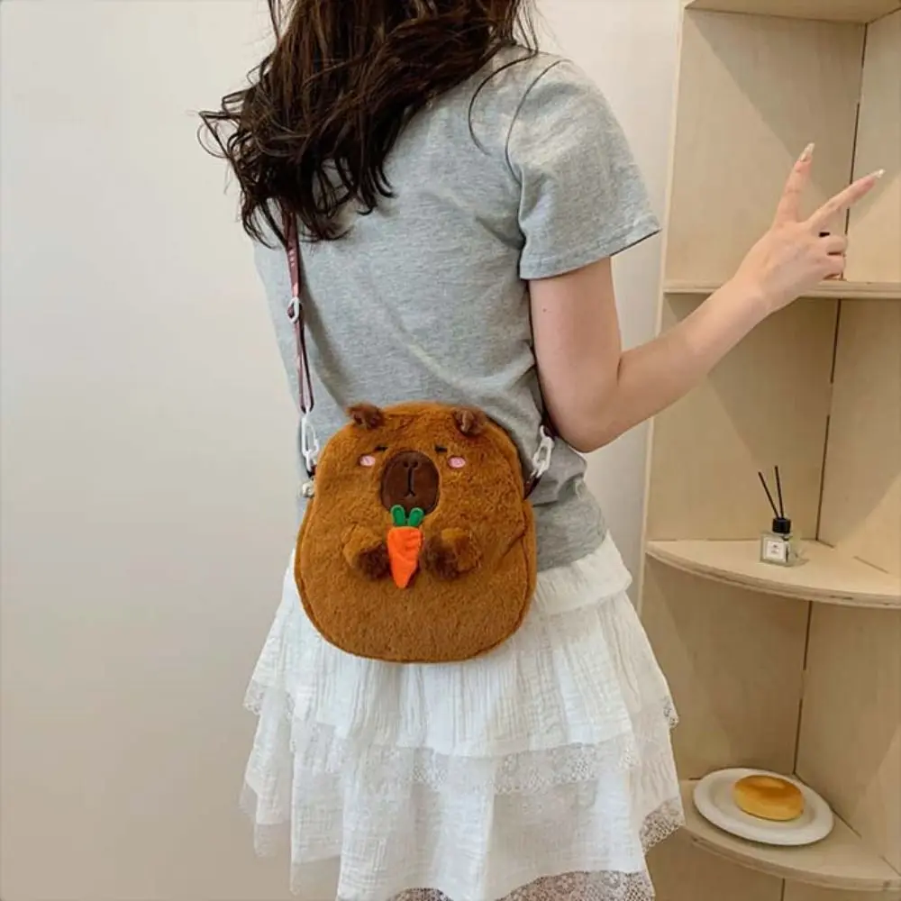 Animal Cartoon Capybara Plush Shoulder Bag Large Capacity Stuffed Capybara Crossbody Bag Zipper Cotton Cartoon Capybara Handbag