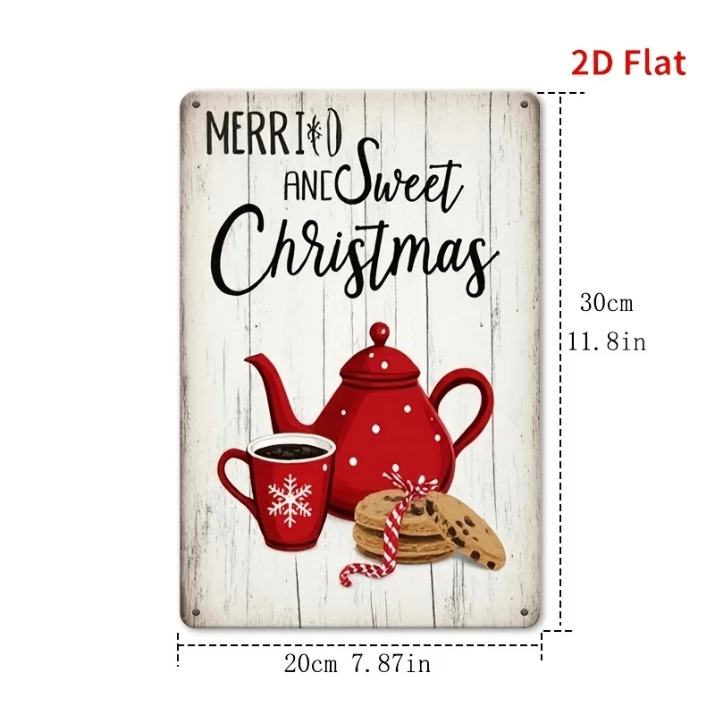 1 Piece Vintage Christmas Coffee and Cookie Metal Wall Sign - 12x8inch Rustic Tin Art with Snowflakes, Red Teapot, and the Words 