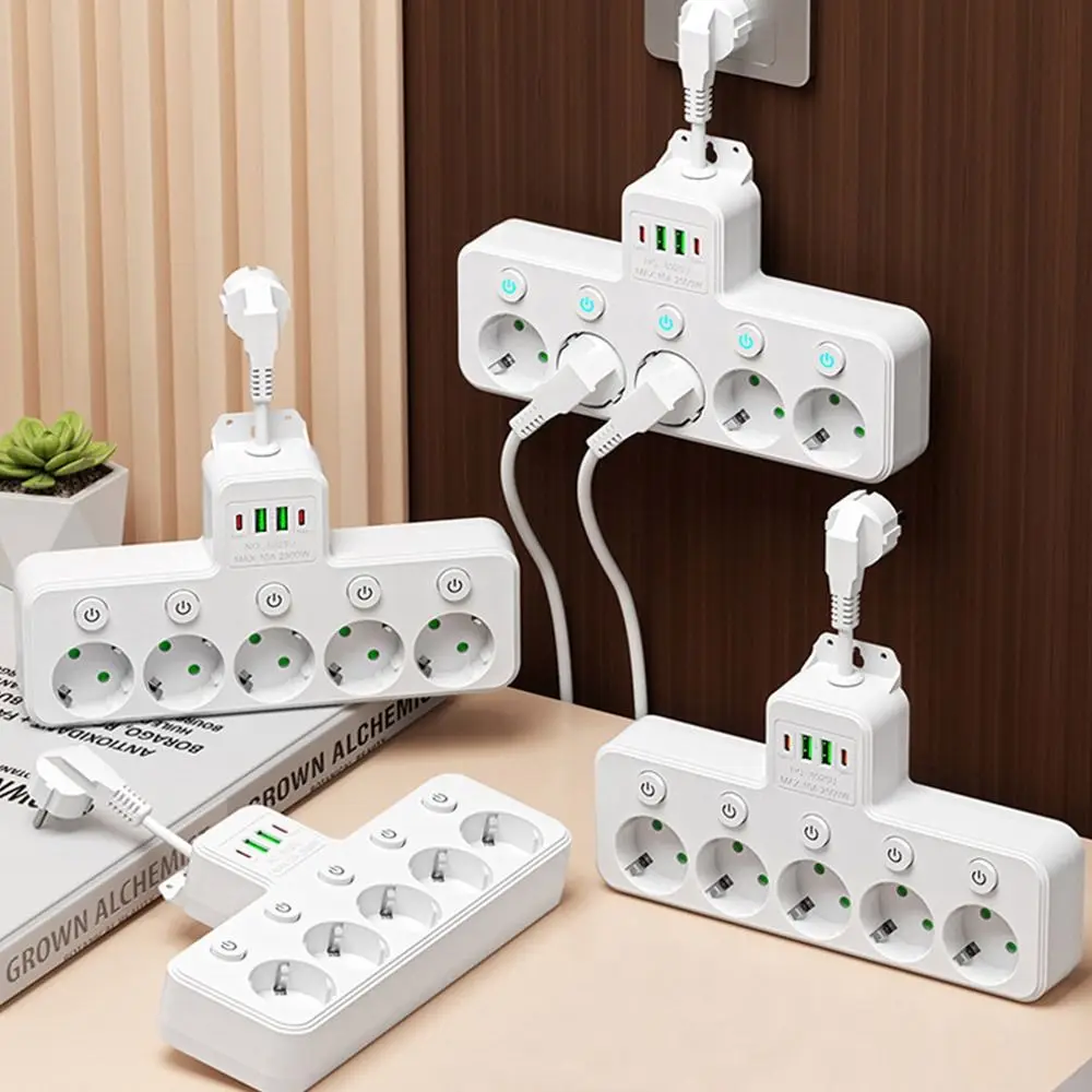 Durable 4/5 Plugs EU Plug Outlet Wall Mounted USB Wall Power Socket Type-C Ports Universal Power Strip Home Offices