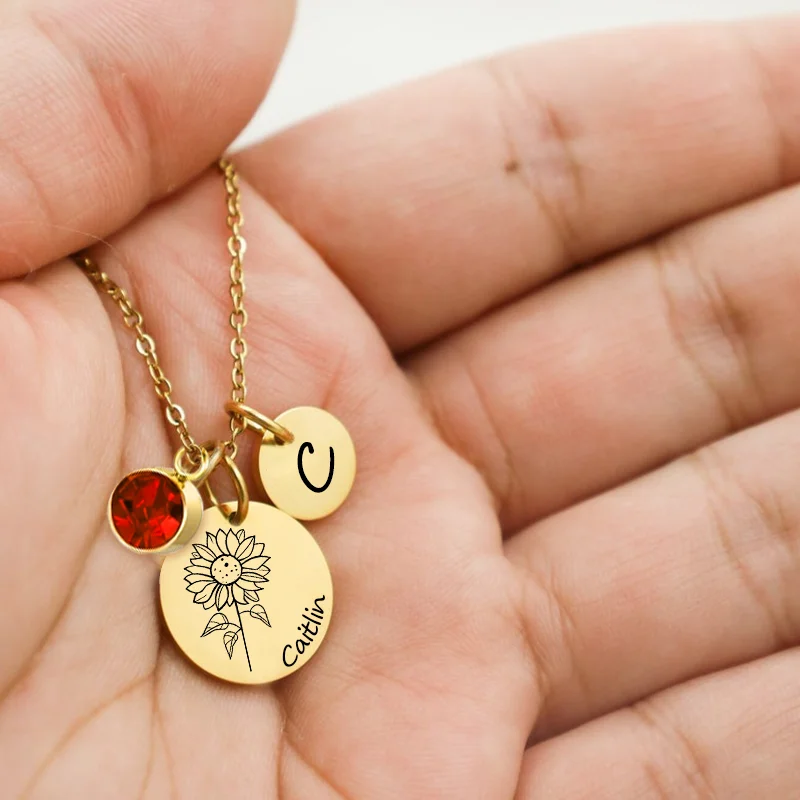 

Customized Stainless Steel Sunflower and Birthday Stone Necklace/Birthday/Girlfriend/Valentine's day/Simple Fashion Jewelry Gift
